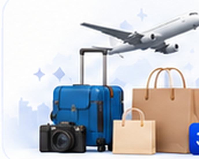 Luggage, camera and shopping bags with an aeroplane